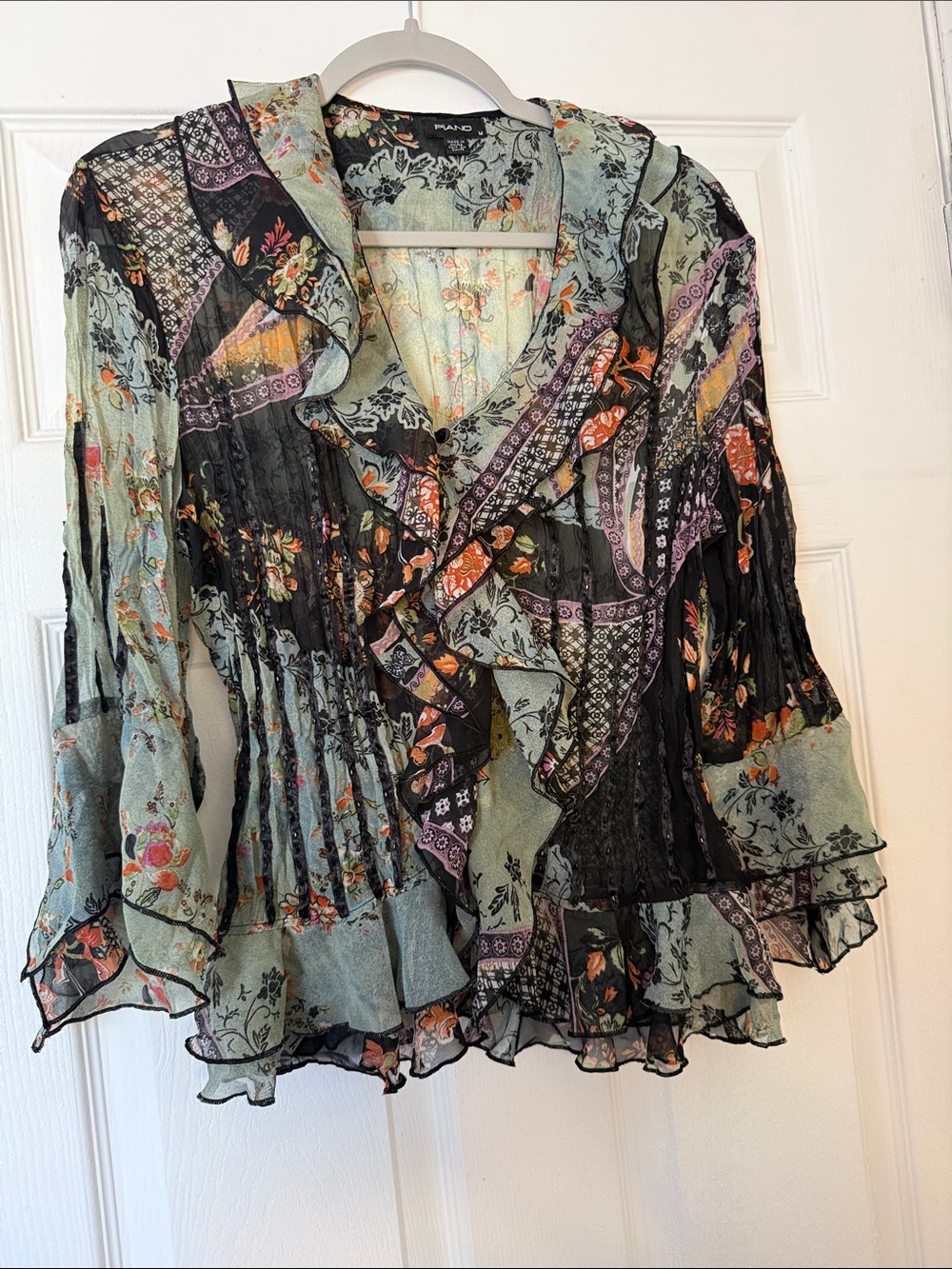 Piano Floral Ruffle Sheer Blouse Top Size M Boho Fairy Whimsical